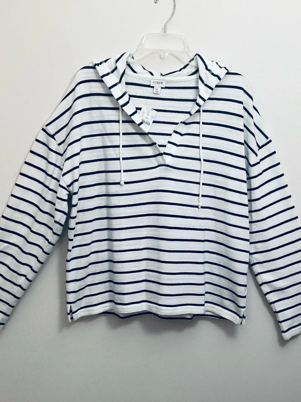 J. Crew Navy White Striped V-Neck Pullover Cotton Sweater Hoodie XL Relaxed NWT